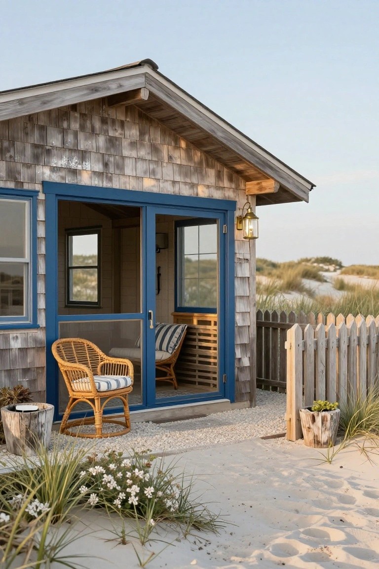 Small weathered shingle-sided cabin with blue sliding glass doors and screens open to an outdoor seating area, adjacent to sand dunes, beach grass, and a wooden picket fence.