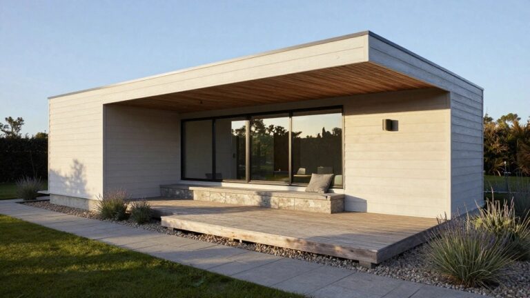 16 Smart Prefab Wooden House Ideas for Effortless Modern Living Side exterior view of a modern white wooden house with overhanging wooden roof, black-framed sliding glass doors, wooden deck extending from the house, concrete built-in bench with cushion on the deck, gravel border with plants, and greenery in the background.