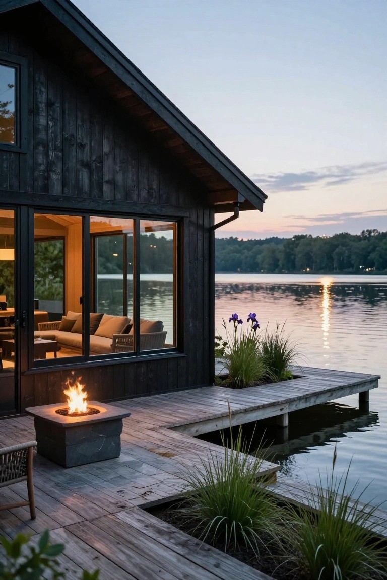Corner view of a black wooden house with large glass windows overlooking a lake at dusk, wooden deck extending to the water with a square stone fire pit, lounge chair, grasses, and irises.
