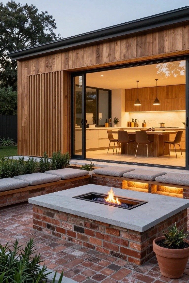 Modern wooden house exterior with large open sliding glass doors to kitchen, brick patio featuring linear gas fire pit in concrete bench seating area surrounded by potted plants.