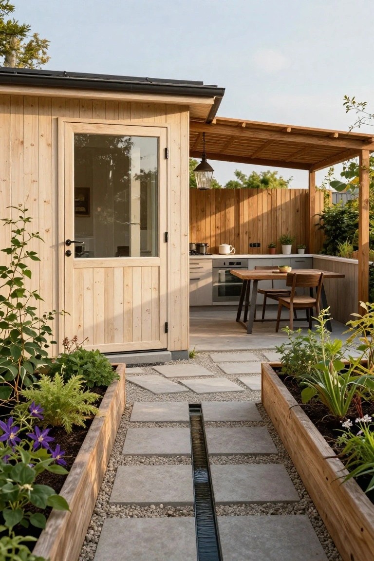Wooden shed with glass-paneled door next to an outdoor kitchen under a pergola, featuring gray cabinets, wooden dining table with chairs, raised planters with flowers and herbs, and a stone path with linear water channel.