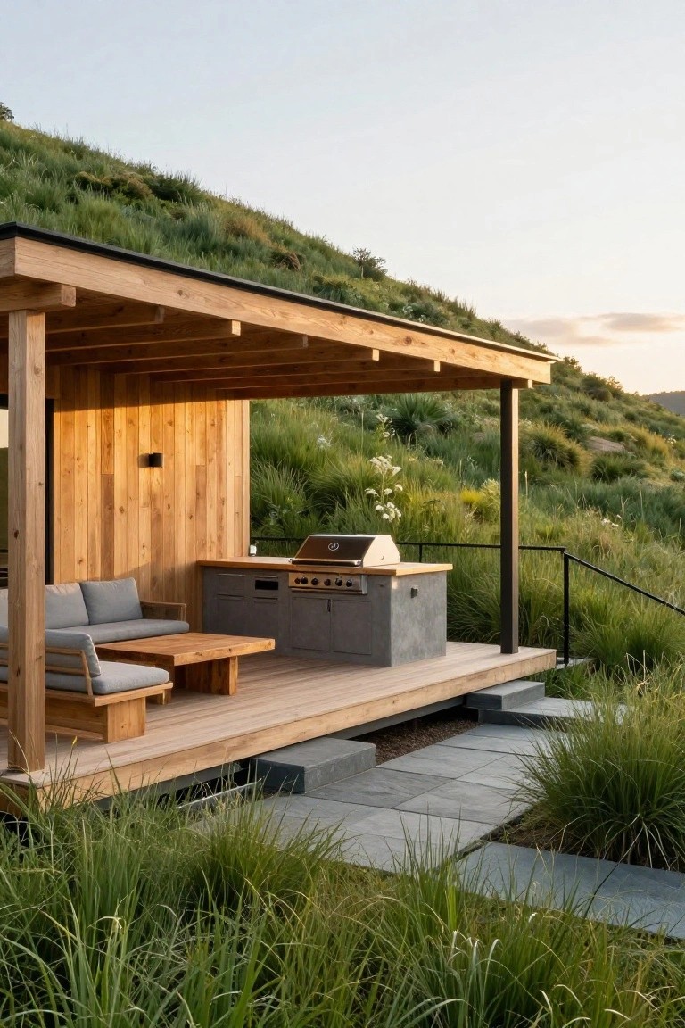 Wooden pavilion with green roof over built-in grill and counters, gray sofa and low table on deck, surrounded by native grasses on hillside.
