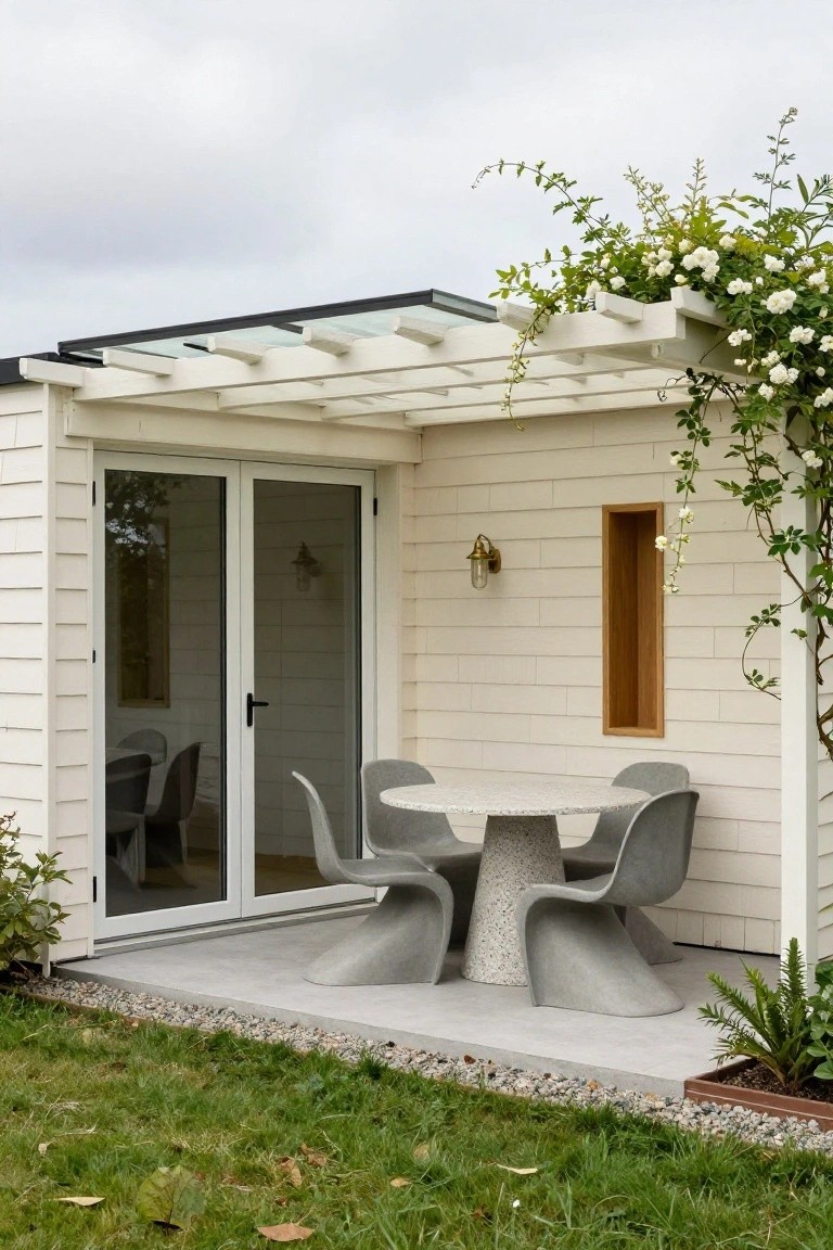 Wooden garden room with white shiplap siding and glass French doors opening to a concrete patio holding a round gray terrazzo pedestal table and four matching sculptural gray chairs under a pergola covered in white climbing roses with garden plants around.