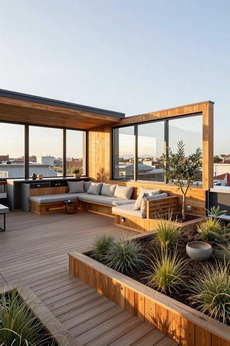 Rooftop terrace deck with L-shaped built-in wooden bench seating in gray cushions, integrated planters containing grasses and an olive tree, wooden framing with large glass panels overlooking city buildings.
