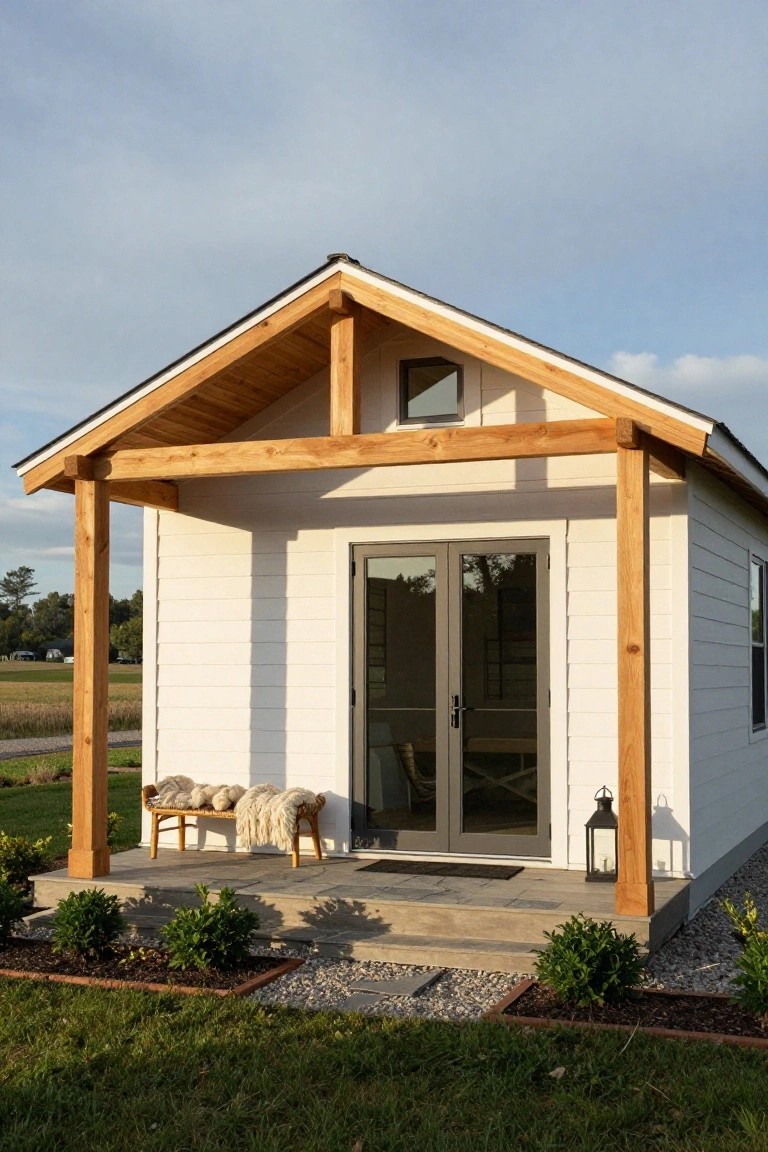 Small white house with gabled roof and exposed wooden beams supporting a porch, featuring double gray glass doors, a wooden bench with blankets, lanterns, stone steps, and low landscaping in a grassy yard.