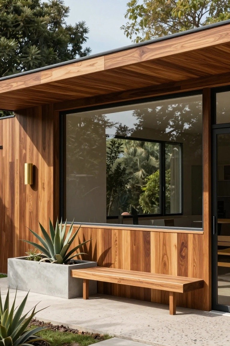 Exterior of a modern house clad in vertical warm-toned wood planks, featuring a large black-framed glass window and sliding door, overhanging wooden roof soffit, integrated wooden bench, concrete planter with agave plants, and small ground plants on a pebble patio.