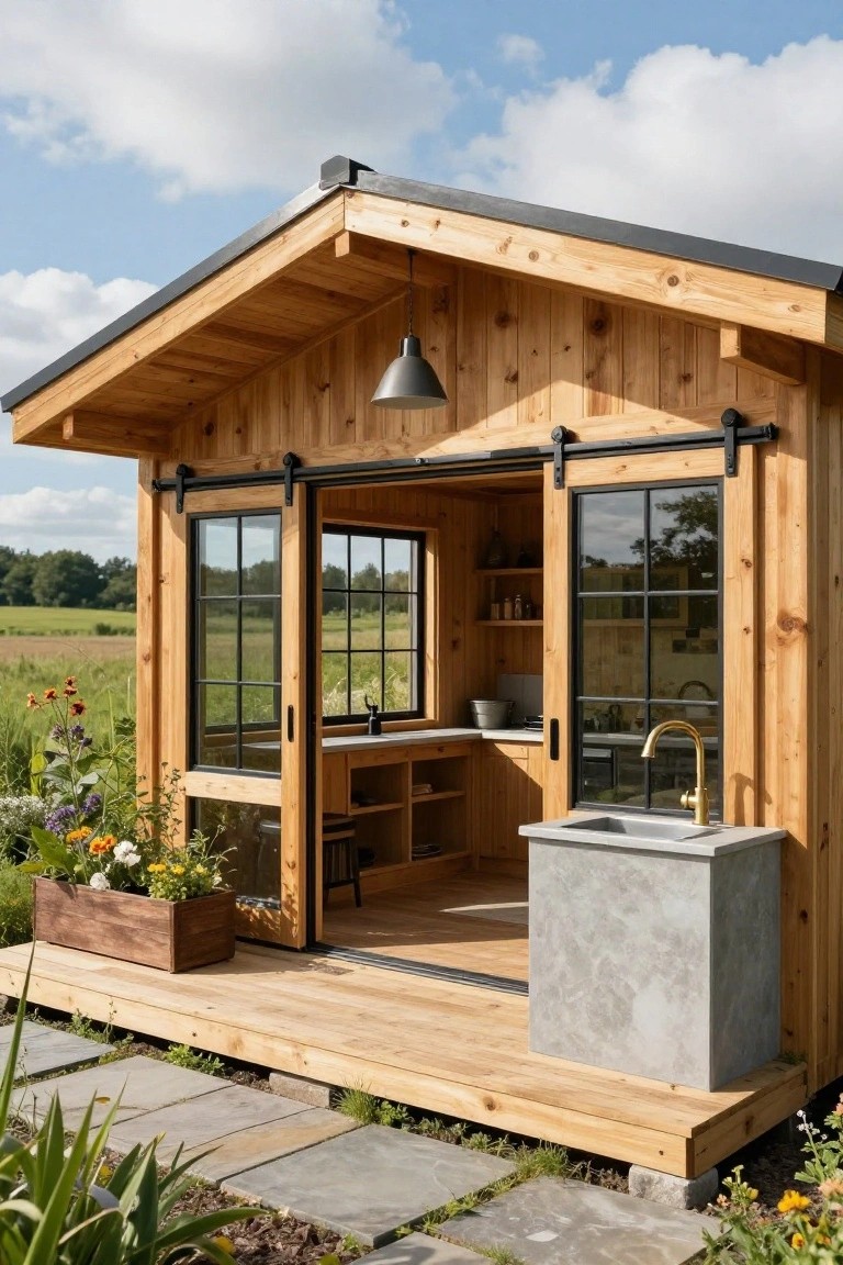 Small wooden gabled cabin on a deck with open black-framed sliding glass doors revealing wooden kitchen counters, open shelves, sink, and faucet inside, surrounded by garden plants, flowers, and fields under a partly cloudy sky.
