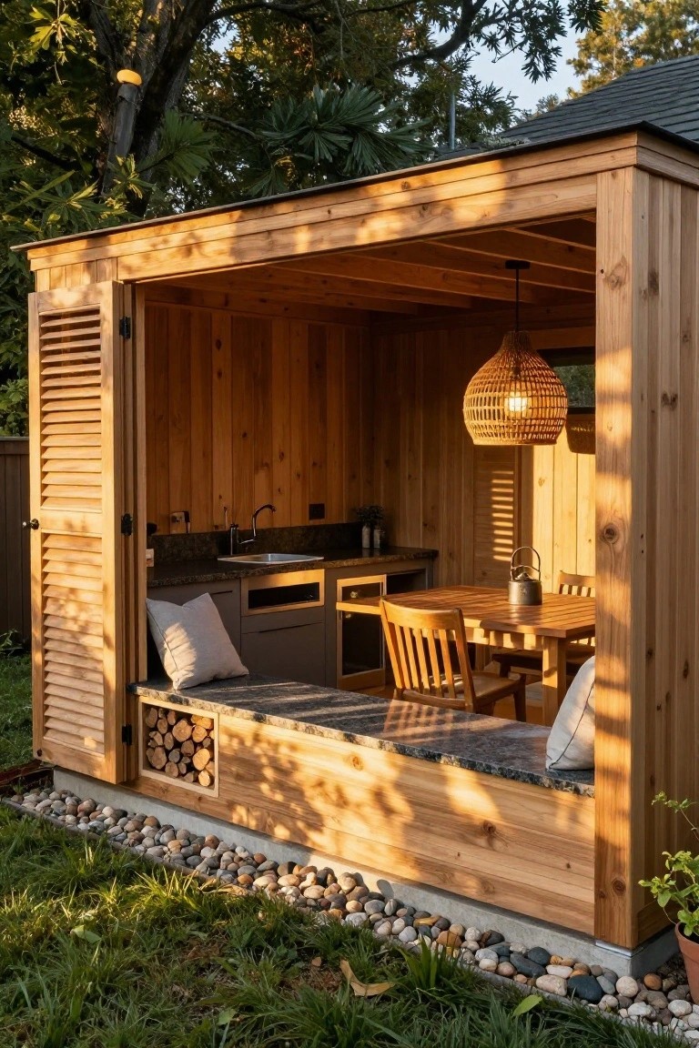 Wooden outdoor kitchen with built-in bench, table, and woven pendant light.
