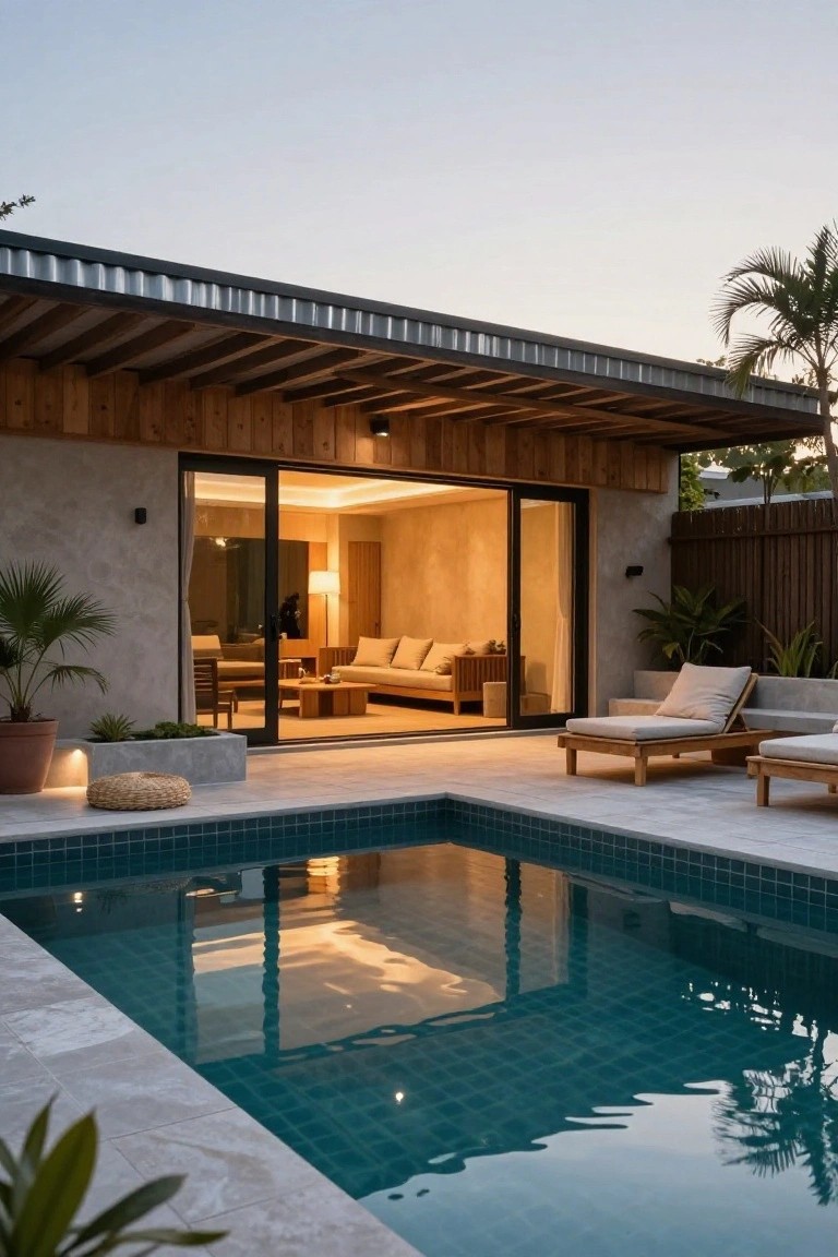 Modern prefab house with wooden cladding and beams, open black sliding doors to a beige interior living room with sofa and lamp, turquoise mosaic pool on light stone terrace with two teak loungers and cushions, potted palms, and string lights at dusk.