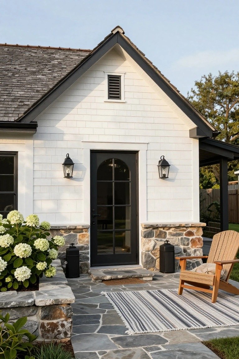 White shiplap-sided house exterior with black arched glass door, flanked by black lanterns, stone base, hydrangea plant, Adirondack chair, and striped rug on slate pavers.
