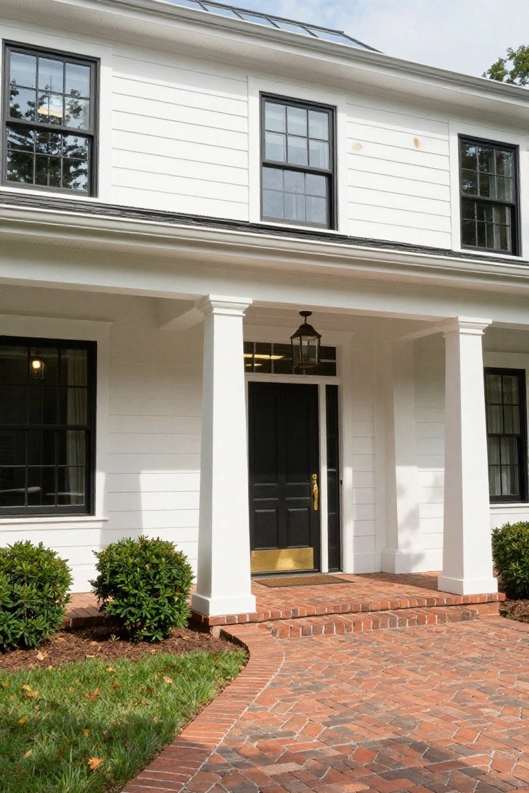 White clapboard house exterior with black-framed windows and front door under a covered porch supported by white columns, brick entry steps, and boxwood shrubs.