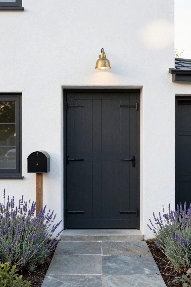 White stucco house exterior featuring a tall black plank front door with brass wall lantern, black-framed windows, black mailbox on wooden post, lavender shrubs on either side, and slate tile pathway.
