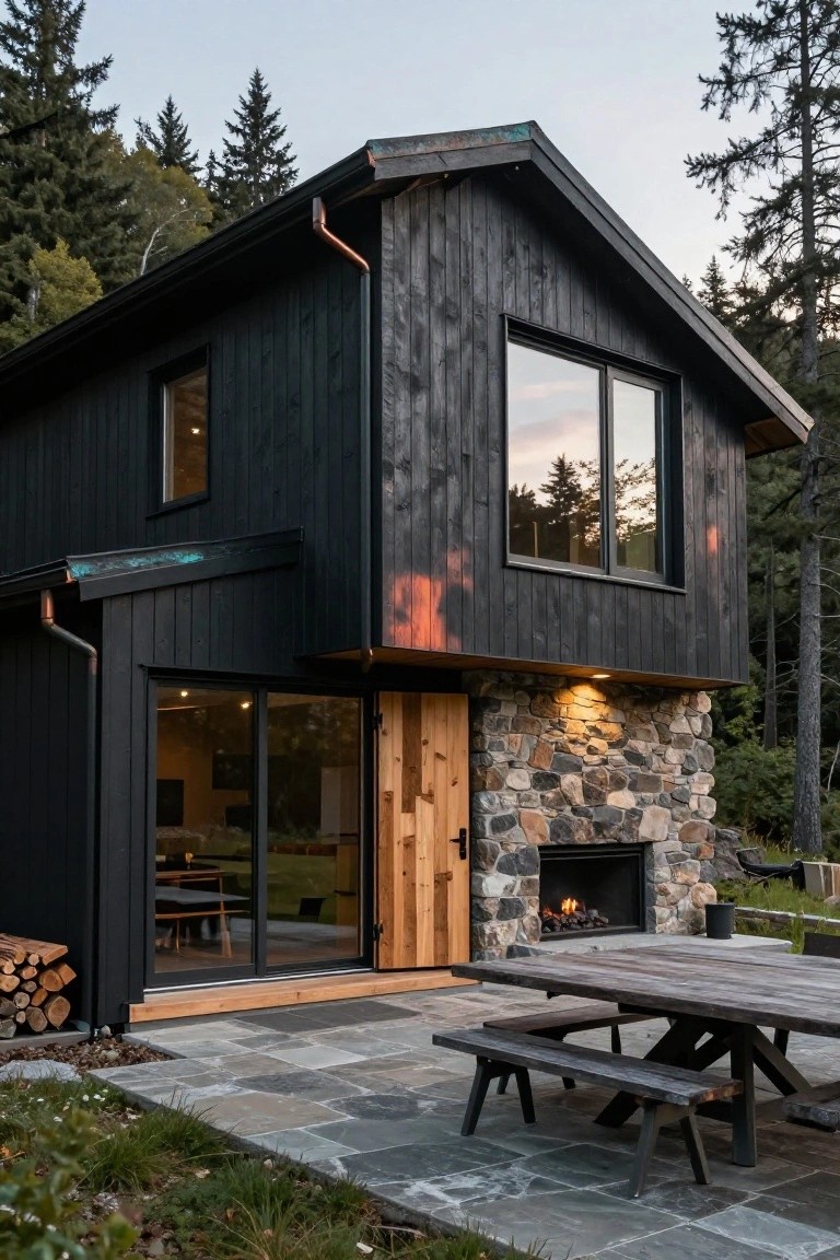 Black wood-sided house with stone foundation and outdoor fireplace, large windows, copper roof accents, patio table and benches, wood stack, surrounded by trees and grass.