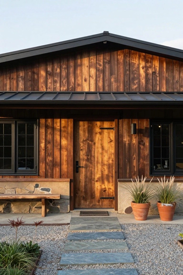 Front exterior of a house with vertical charred wood siding, black metal roof, black-framed windows, wooden entry door, stone bench beside the door, potted grasses, and slate path on gravel ground.