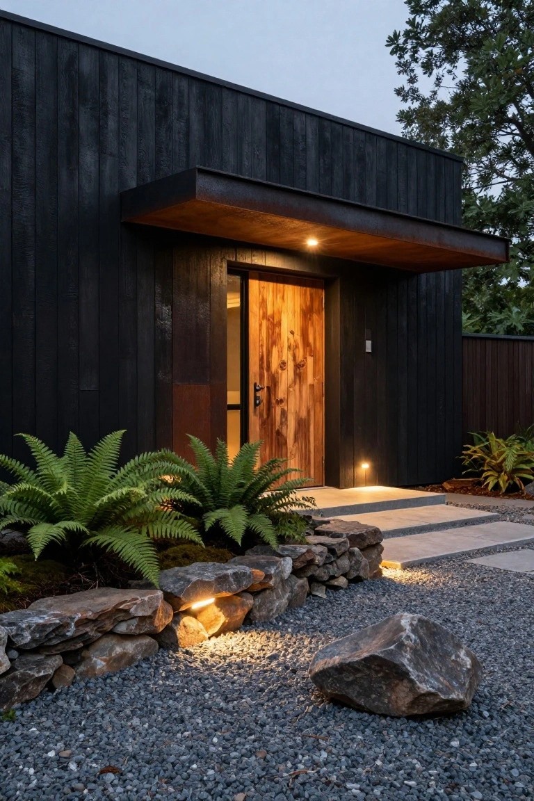 Black charred wood siding on a modern house exterior with a large light wooden entry door under a rusted metal cantilevered awning, flanked by ferns in a rock wall, gravel ground cover, and path lighting at dusk.