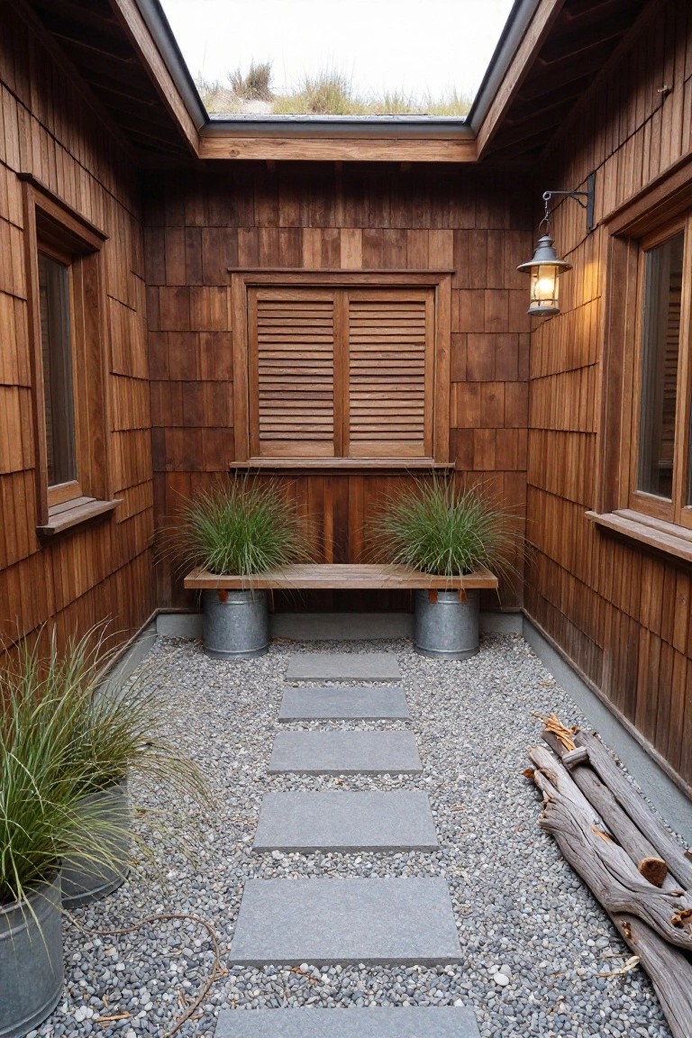 Narrow wood-shingled courtyard with skylight roof, wooden bench centered on gravel floor flanked by grasses in galvanized buckets, stone paver path leading to bench, and driftwood nearby.