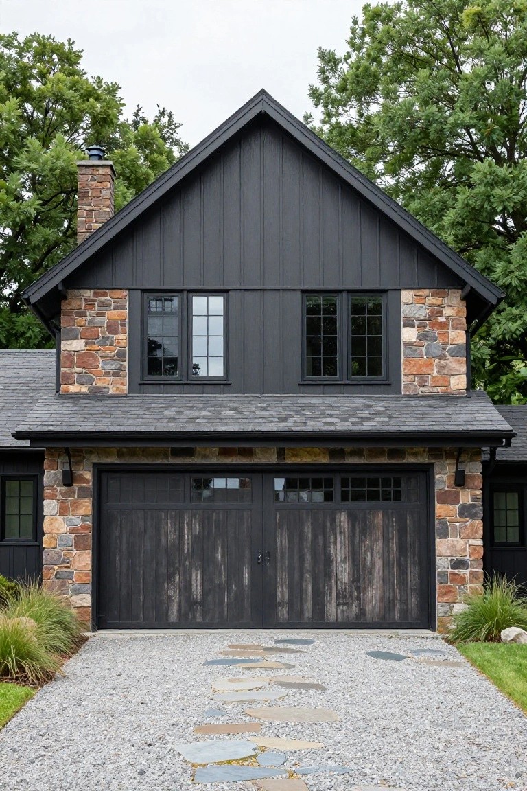 Two-story house exterior with black board-and-batten siding on gabled roof and walls, natural stone accents on chimney and garage, double dark wood garage doors, gravel driveway with irregular stone pavers, ornamental grasses and trees nearby.