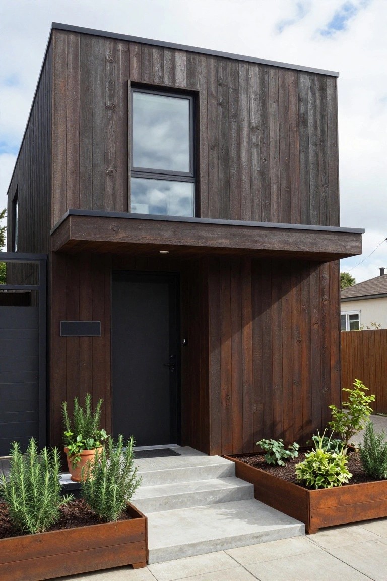 Compact modern house exterior clad in dark vertical wood planks with a black front door, overhanging roof, small upper window, concrete entry steps, and raised rectangular metal planters filled with rosemary and other herbs on either side.