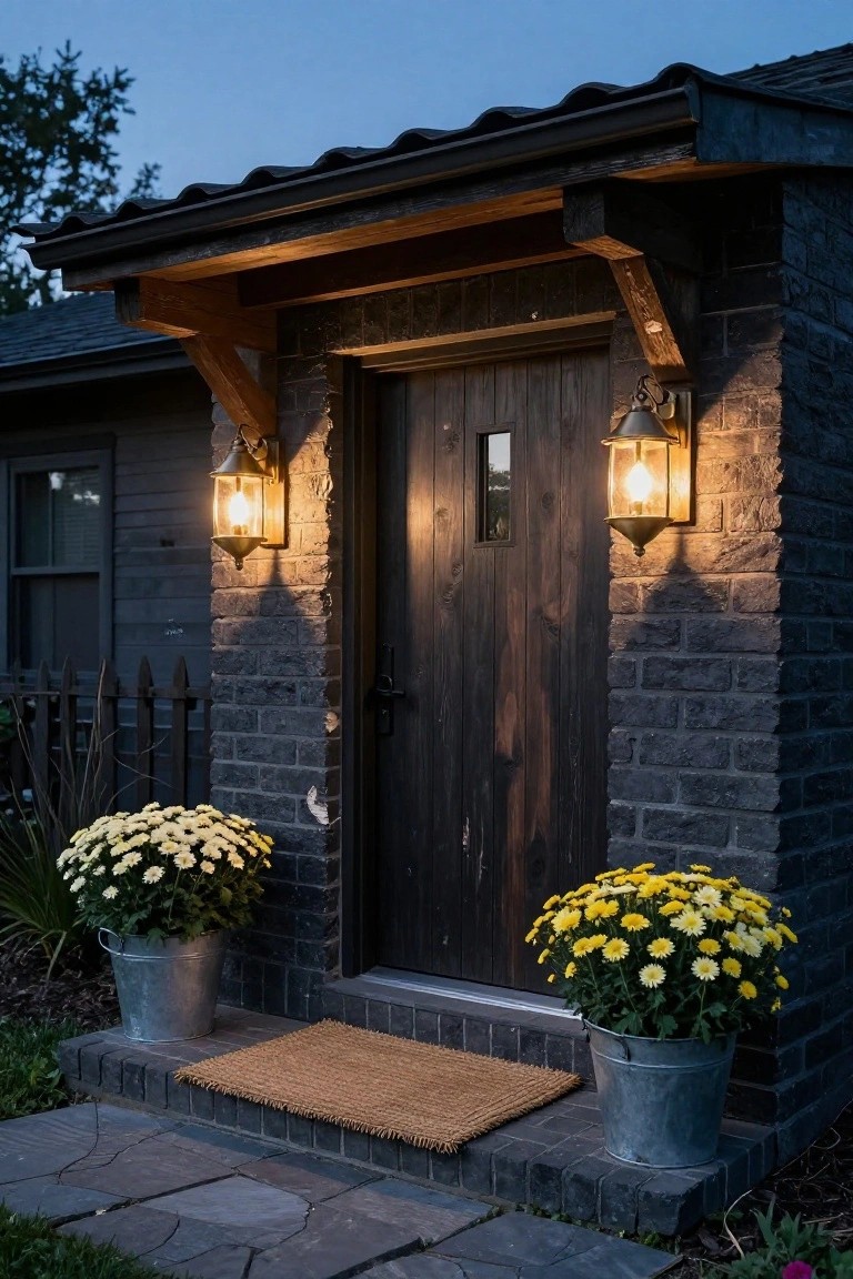 Dark wooden front door centered in black brick wall with wooden beam overhang, flanked by lit brass lantern sconces, yellow and white mum plants in galvanized metal buckets on each side, woven doormat on concrete steps.
