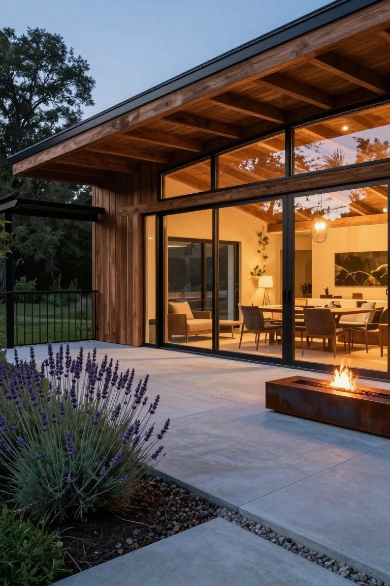 Modern rustic house exterior featuring vertical wood cladding, black-framed sliding glass doors, exposed wooden beams under an overhanging dark roof, concrete patio with linear metal fire pit, lavender plants, and gravel edging.