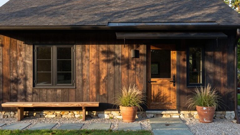 20 Striking Modern Rustic House Exterior Ideas That Feel Warm and Sleek Front exterior of a house with vertical charred wood siding, black metal roof, black-framed windows, wooden entry door, stone bench beside the door, potted grasses, and slate path on gravel ground.