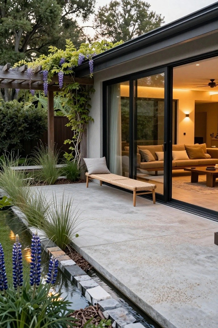 Polished concrete patio with narrow lit pond along the edge containing blue flowers and lily pads, surrounded by grasses, a wooden bench with cushions, and large sliding glass doors open to an indoor living room with sofa and coffee table.