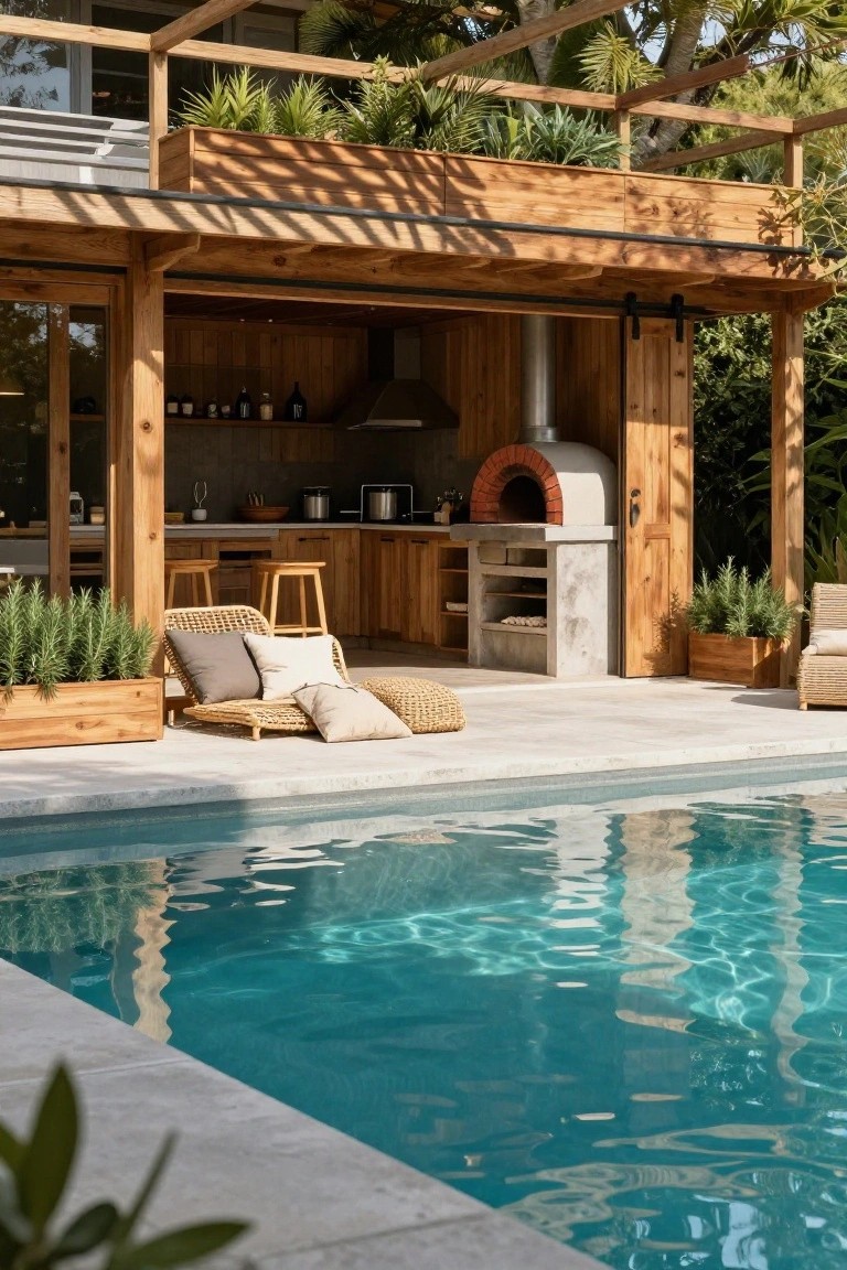 Wooden pergola covering an outdoor kitchen with wood cabinets, pizza oven, bar stools, rattan lounge chairs with pillows, potted herbs, and a turquoise pool on a light stone patio surrounded by greenery.