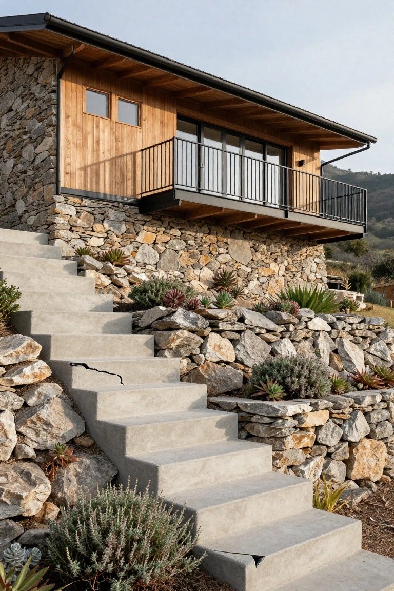 Modern house exterior with dry-stacked stone walls at the base, vertical wood siding on upper level, glass-walled balcony with metal railing, and concrete stairs ascending through rocks and succulents.