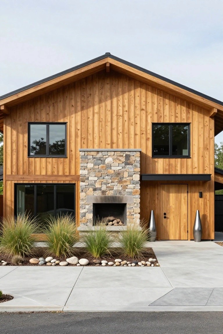 Front view of a two-story house with horizontal wood siding, black-framed windows, a tall stacked stone chimney with visible fireplace, wooden entry door, and landscaped planting bed with grasses and river rocks along a concrete driveway.