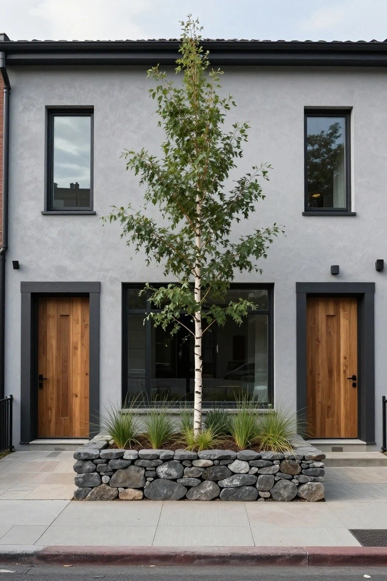 Gray stucco townhouse exterior with black window frames, two vertical wood front doors, and a central birch tree in a rectangular stone wall planter filled with soil and grasses, next to a sidewalk.