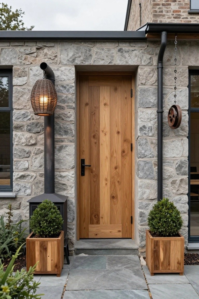 House entrance with a vertical wooden door in a gray stone wall, flanked by two wooden planters containing round boxwood shrubs, a tall black metal lantern with rattan shade, a black wood stove base, and a metal downspout with chain and pulley wheel on the right.
