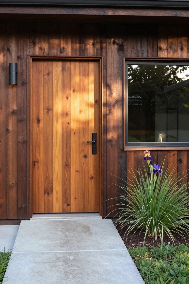 House exterior with vertical cedar wood siding, a tall wooden entry door with black handle, adjacent large window, iris plants in bed next to concrete walkway.