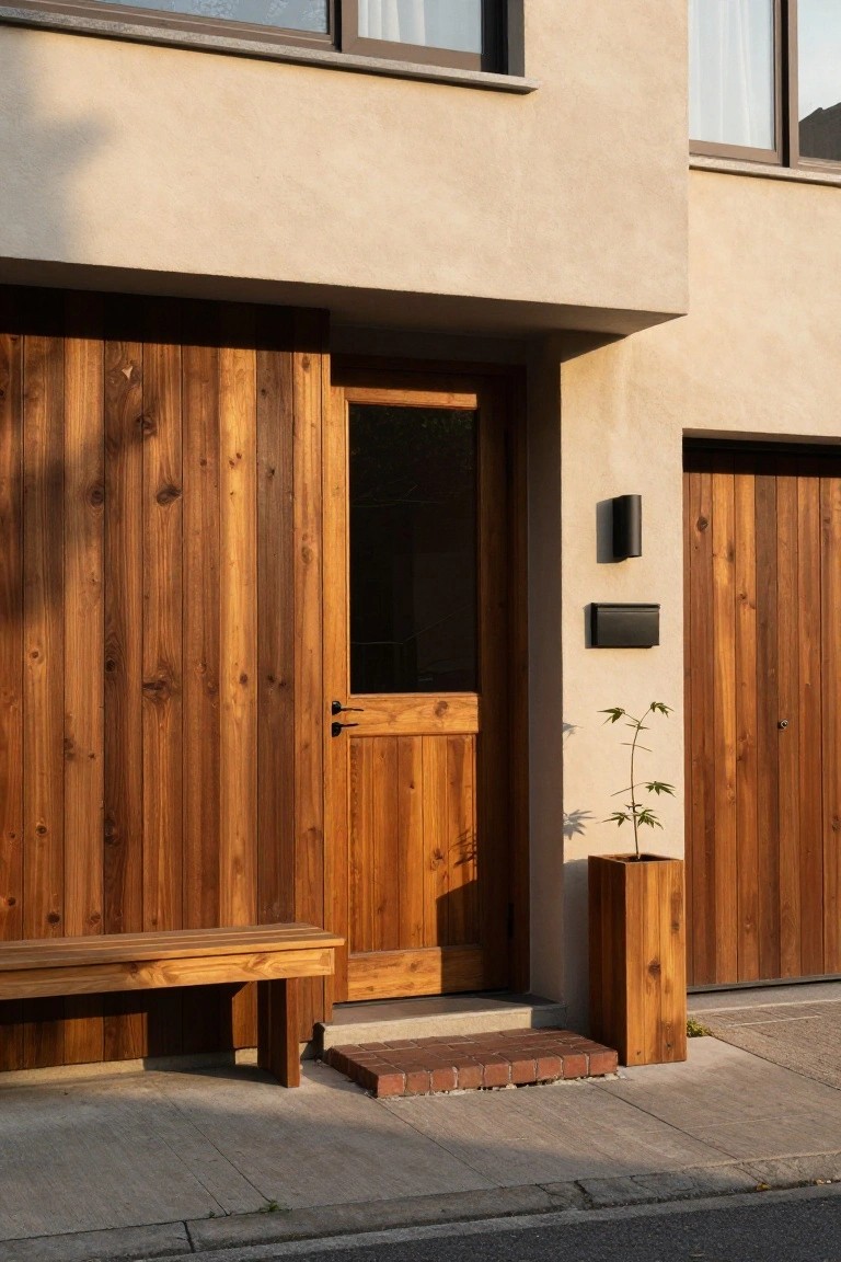 Modern house exterior with light beige stucco walls, vertical wooden sliding gate, wooden entry door with glass panel and black handles, wooden bench, tall wooden planter with small plant, black mailbox, black wall light, wooden garage door, and brick entry steps on a concrete sidewalk.