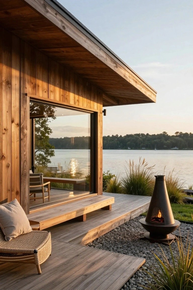 Wooden cabin exterior with vertical board siding, black metal roof overhang, large floor-to-ceiling glass door opening to wooden deck with rattan chair and bench, conical fire pit on gravel nearby, and lake view through glass.
