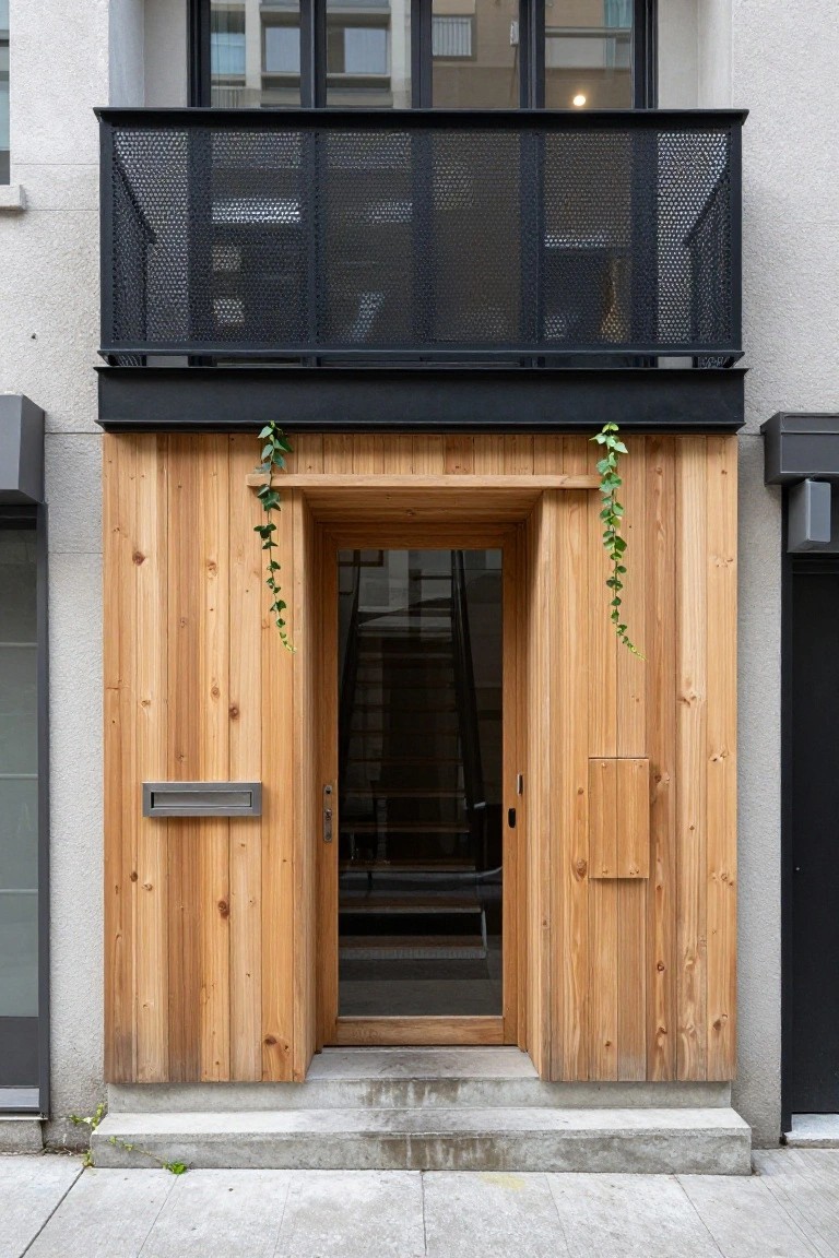 Narrow urban house facade with vertical cedar wood cladding framing a glass-fronted wooden entry door, ivy vines draping from the black metal balcony above, and a metal mailbox on a concrete stoop.