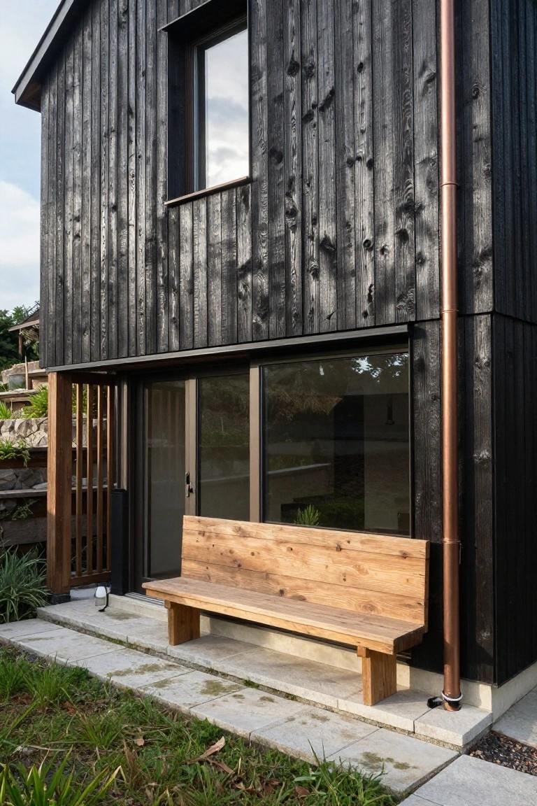Side view of a modern house featuring vertical black charred wood cladding, a tall copper downspout, large sliding glass doors, wooden slats, a natural wood bench on a stone patio, and surrounding plants and grass.