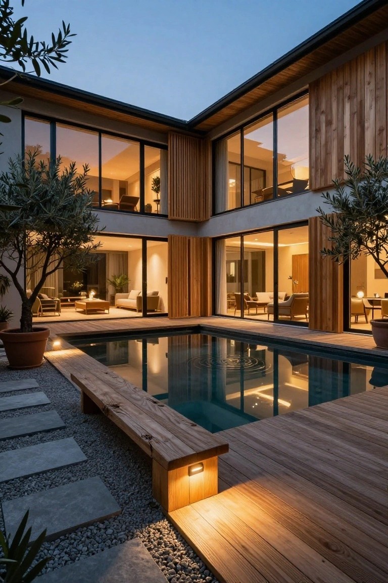 Modern L-shaped house with vertical wood cladding and large glass walls surrounds a rectangular pool on a wood deck in a courtyard, with built-in bench, stone pavers, gravel, potted olive trees, and dusk lighting.
