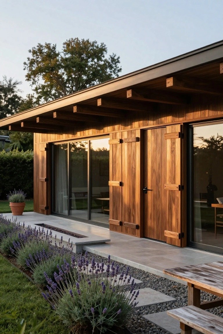 Modern wooden house exterior with overhanging roof featuring exposed timber beams, vertical wood cladding, large sliding glass doors with matching wooden shutters, stone patio, lavender plants, and fire trough.