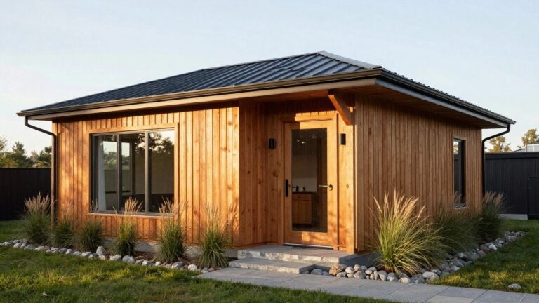 18 Stunning Modern Wood Architecture Ideas for a Sleek Natural Look Exterior of a small modern cabin with vertical light wood cladding, black metal roof, large angled window, wooden entry door flanked by wall lights, stone slab pathway with pebbles, and tall ornamental grasses nearby.