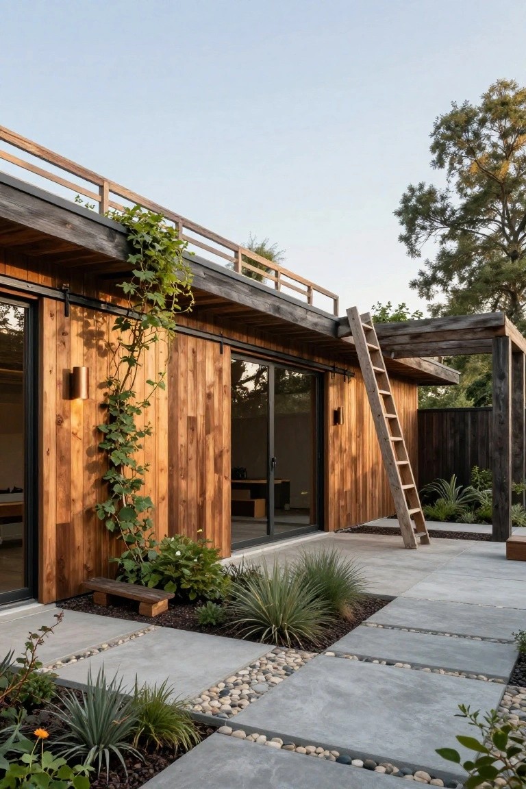 Side exterior of a wooden house with vertical plank cladding, a leaning wooden ladder accessing a rooftop deck, sliding glass doors, climbing vines on the wall, and a concrete patio with pebble borders and drought-tolerant plants.