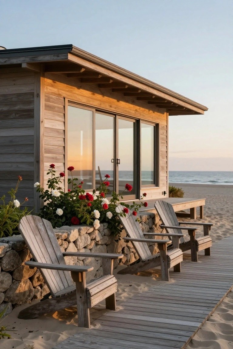 Small wooden beach cabin with gray horizontal siding, exposed roof beams, large glass sliding doors, Adirondack chairs on an adjacent wooden deck next to a stone wall planter with red and white roses, facing the ocean and beach.
