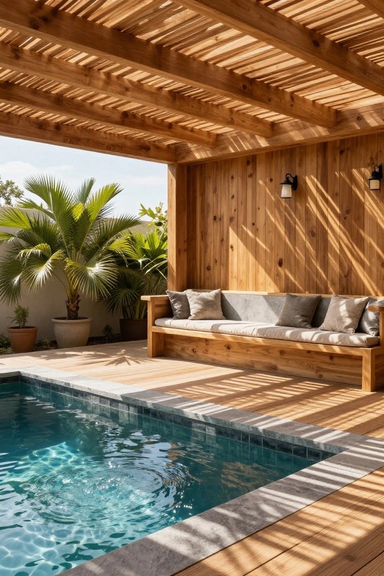 Slatted wooden pergola shades a built-in wooden bench next to a small turquoise-tiled pool, with potted palm trees and wooden panel walls in a sunny outdoor setting.