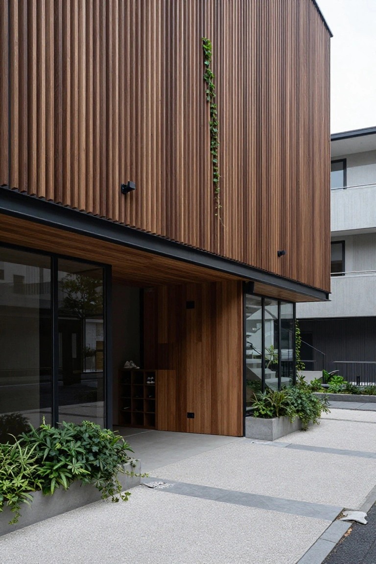 Modern house exterior with vertical wooden slats on the walls, black metal accents, large glass windows, wooden entry door, potted plants at the entrance, and a light-colored concrete pathway.