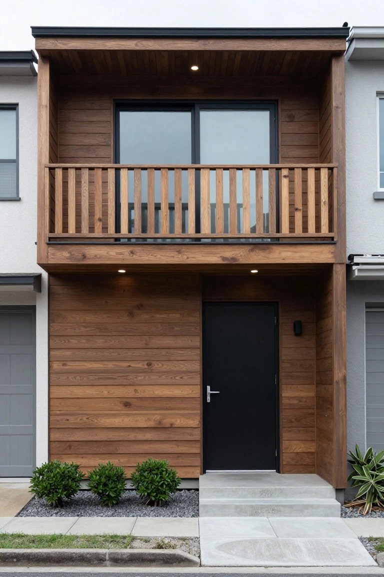 Front exterior of a two-story modern townhouse with vertical wood cladding on walls and balcony, black front door, gray garage door, wooden balcony railing, and three small shrubs near the concrete steps.