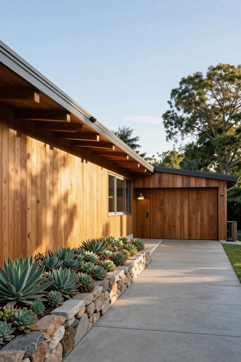 Side view of a modern single-story house with vertical wood siding on walls and garage door, exposed timber beams under a dark cantilevered roof, concrete driveway bordered by agave plants in a stone wall bed, and trees in background.