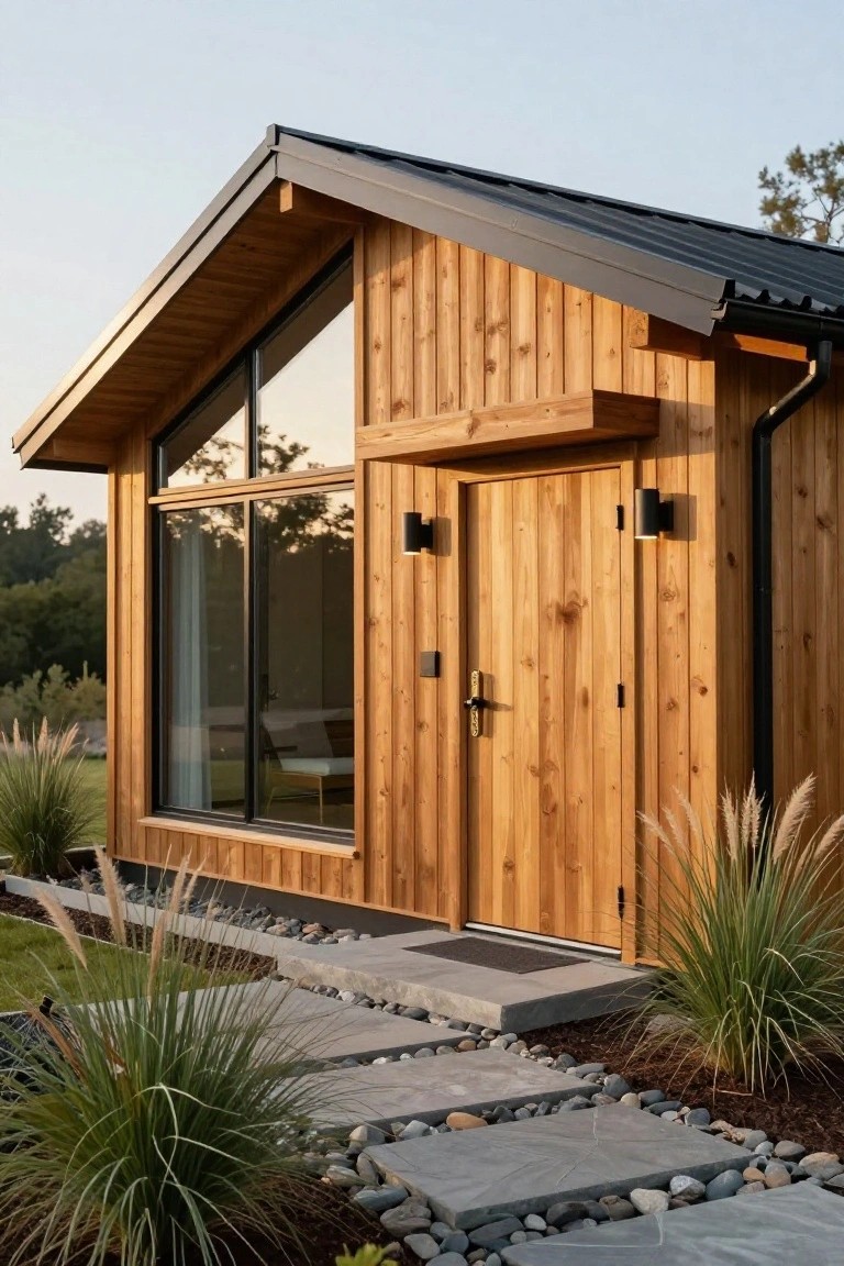 Exterior of a small modern cabin with vertical light wood cladding, black metal roof, large angled window, wooden entry door flanked by wall lights, stone slab pathway with pebbles, and tall ornamental grasses nearby.