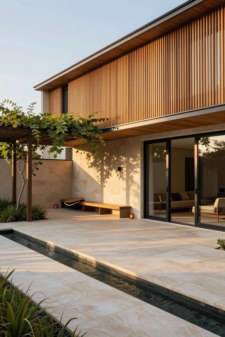 Modern house exterior featuring vertical wooden slats on the facade, a wooden pergola with vines, a stone bench, water channel, plants, and large sliding glass doors opening to an indoor seating area.