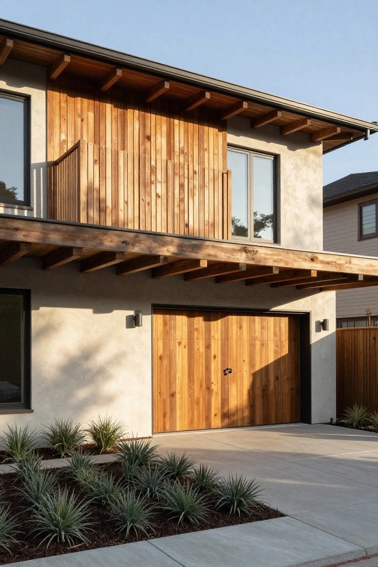Modern two-story house exterior with vertical wood cladding on upper facade and garage door, light stucco lower walls, exposed timber beams under the roofline, and agave plants along the driveway.