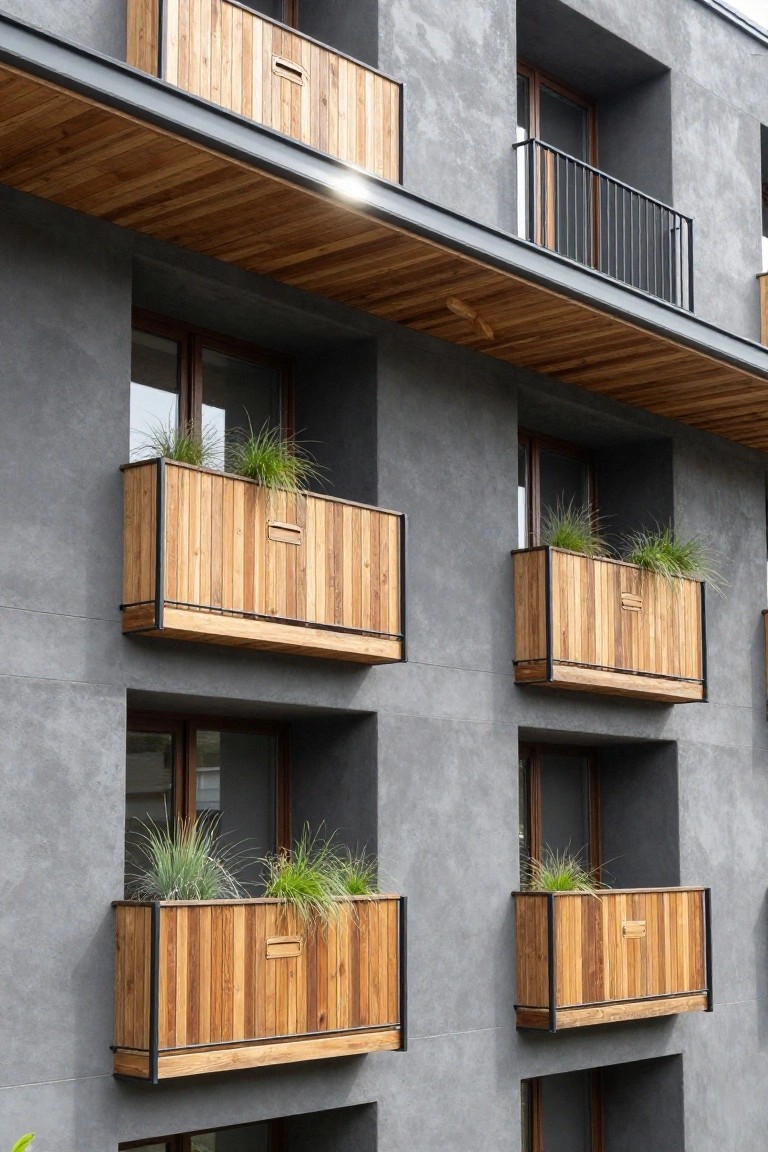 Gray stucco multi-story building facade with wooden balconies featuring integrated planters filled with tall ornamental grasses, black metal railings, and recessed windows.