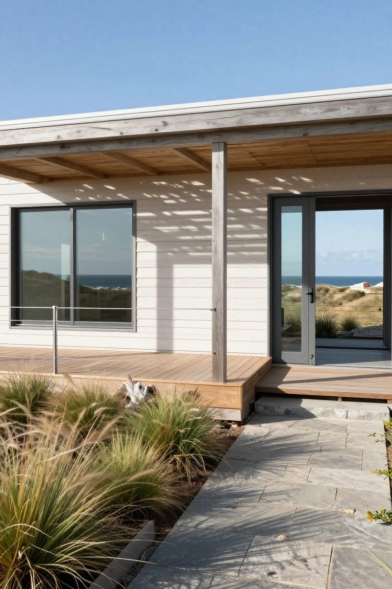 Modern beach house exterior featuring white vertical cladding, large dark-framed sliding glass windows and doors opening to a wooden deck under an exposed timber pergola supported by posts, with dune grasses and a stone path nearby overlooking ocean dunes.